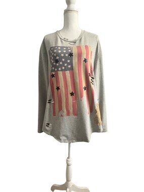 Distressed American Flag Graphic LongSleeve Gray Sweatshirt Hudson Outerwear 3X